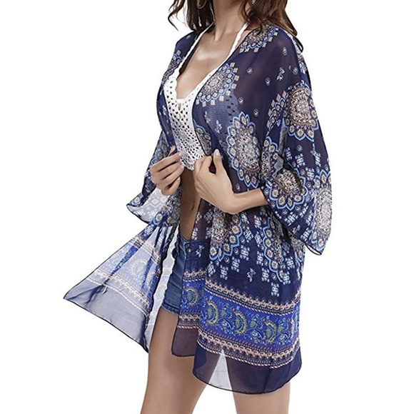 NEW Boho Chiffon Blue Kimono Swim Cover Up - Picture 3 of 5